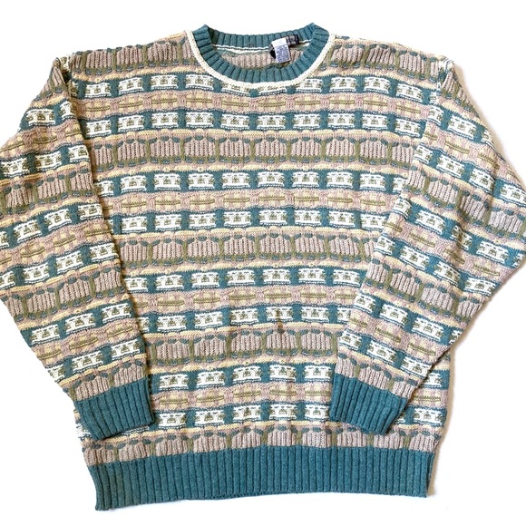Vintage heavyknit sweater men’s large cream blue 90’s